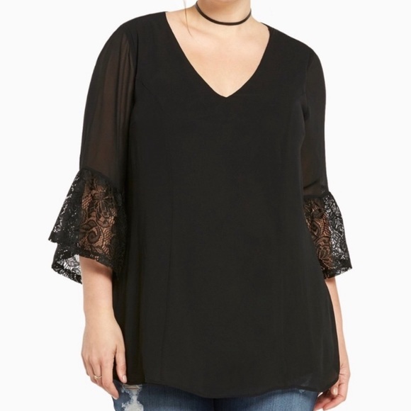 torrid Tops - Torrid Black V Neck Lace Bell Sleeve Crepe Top